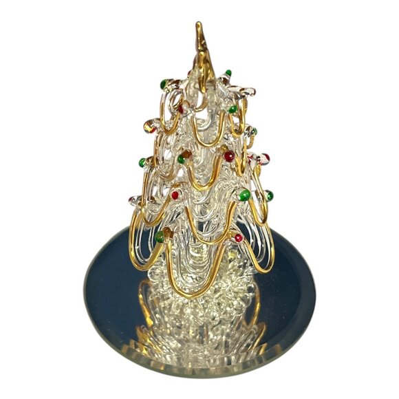 Vintage Spun Glass Christmas Tree Figurine – 24K Gold-Plated Accents – Mirrored - Picture 3 of 7